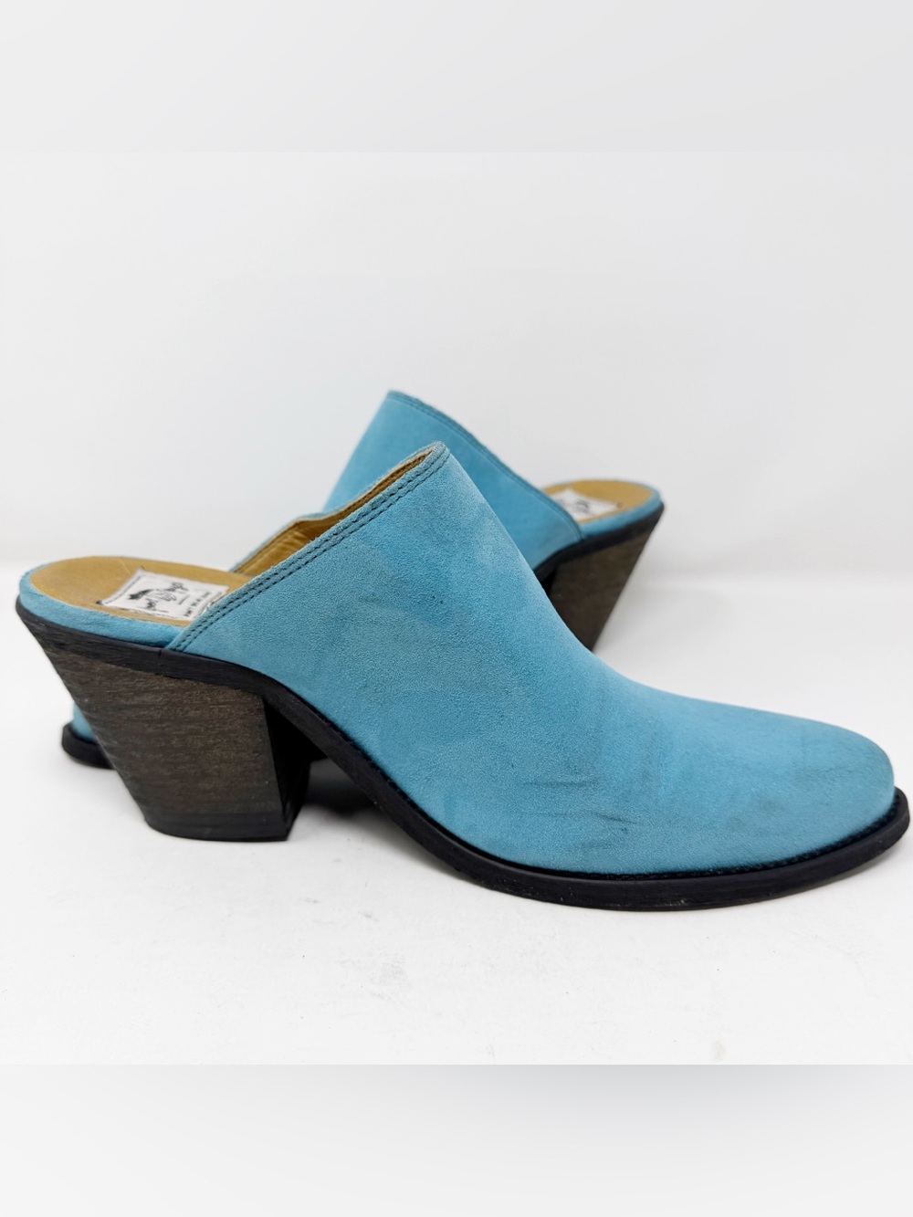 Good Guys Dont Wear Leather Lola Blue Vegan Suede Mules Pointed Toe Heels 42